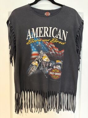 Vintage Harley Davidson Black Fringe Tee with American Motorcycle Graphic - L